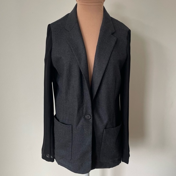 Theory Shatrice Color Block Mixed Media Wool Silk Gray Black Blazer Jacket EUC 4 - Picture 1 of 8